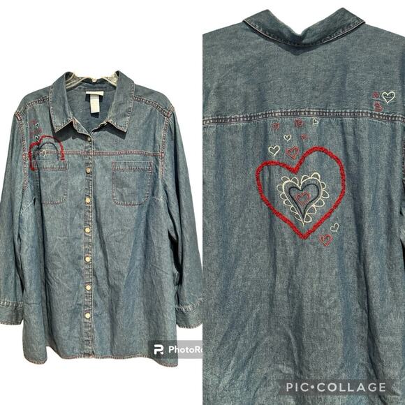 VINTAGE Retro Denim Button Down With Embroidered Hearts By Liz & Me Sz 2X 22/24W - Picture 1 of 14